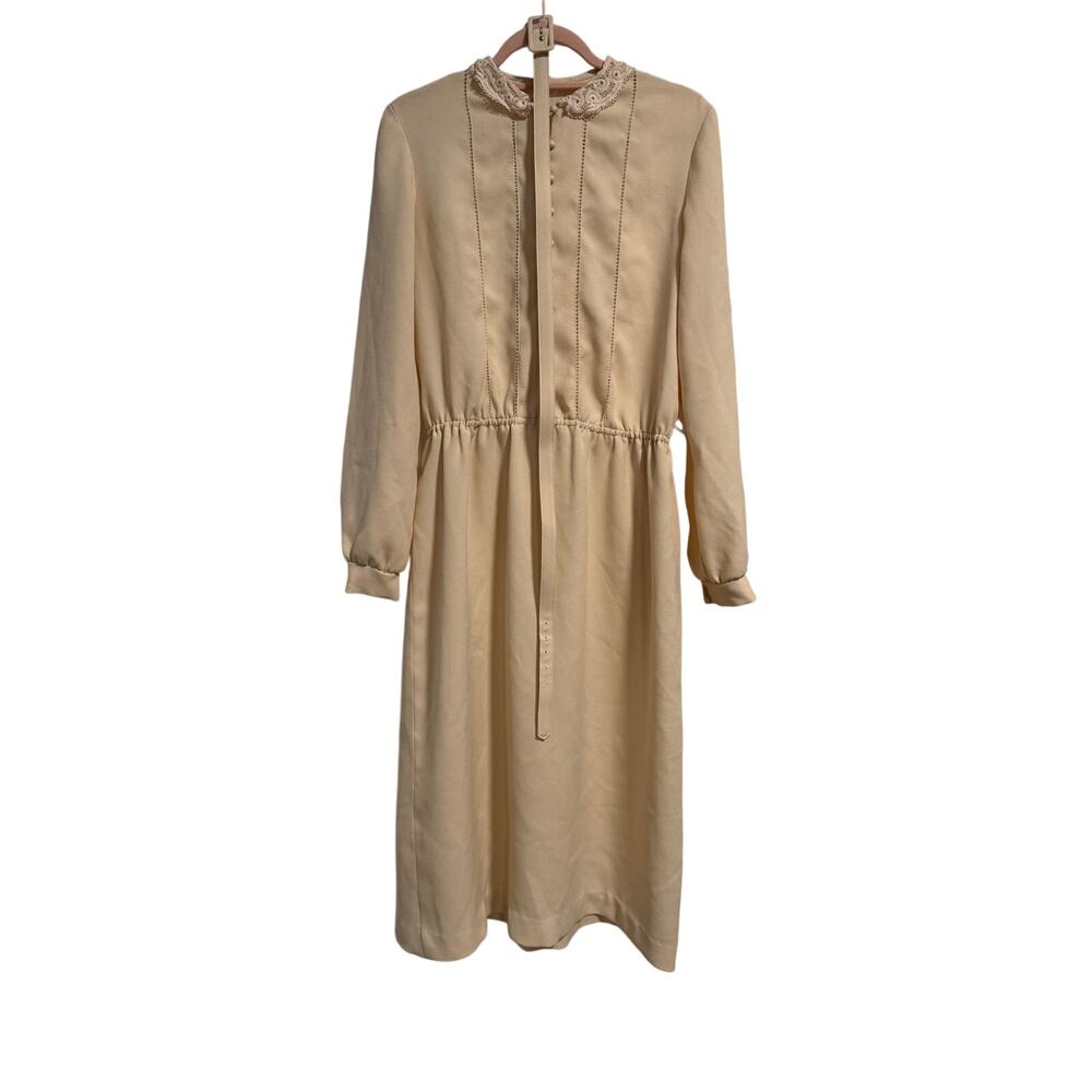 [Vintage] 1950s Hy-Tex Cream Long Sleeve Lace Collar Dress w/ Belt - Size M